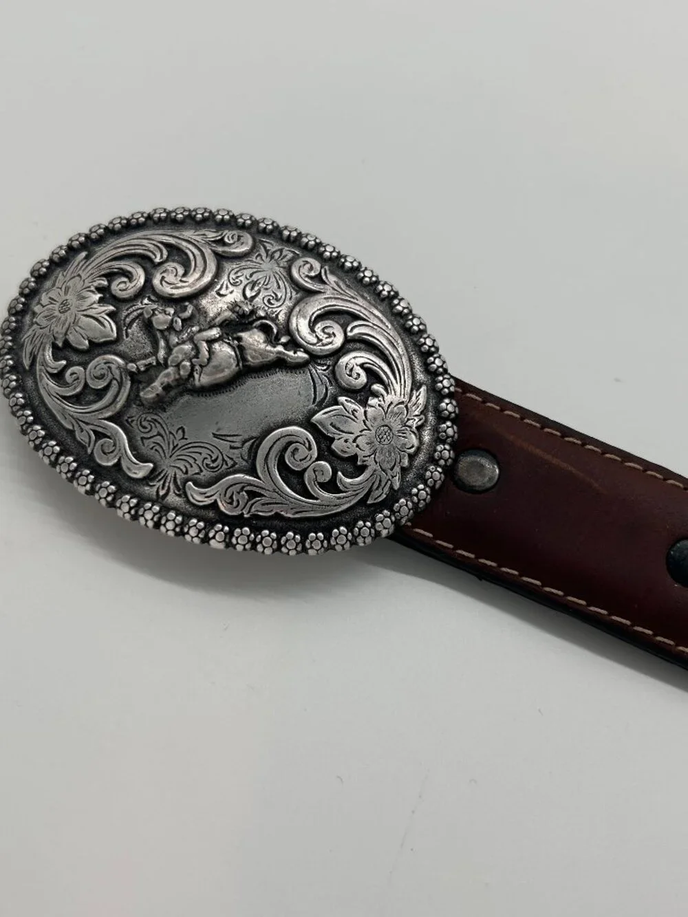 Nocona Brown Child  Western Leather Belt With Silver Tone Bronco Buckle Size 19